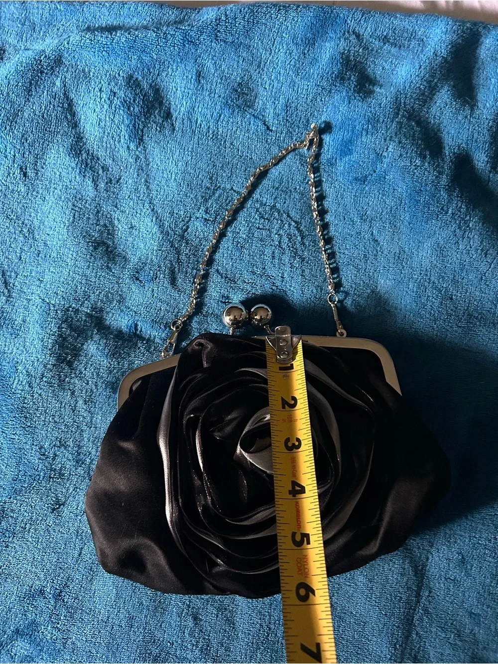 Black Satin Rose Applique Evening Clutch with Chain